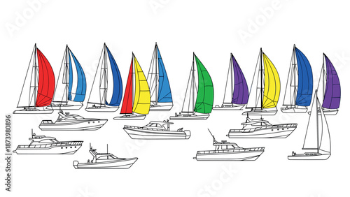 Colorful sailing and motor boats with vibrant sails on a white background
