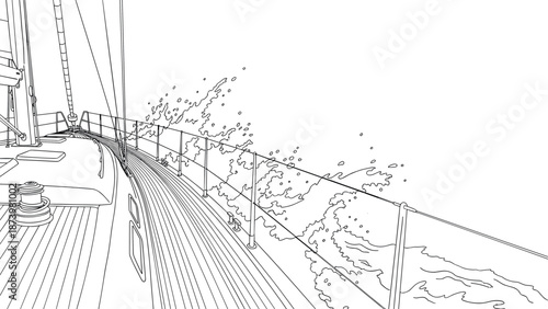 Linear yacht sailing with ocean waves and deck detail
