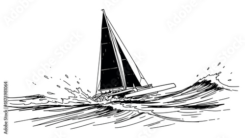 Dynamic black and white sailboat sketch on waves