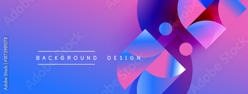 Abstract gradient background features overlapping shapes, circles, triangles. Modern design with vibrant purple, blue hues. Text reads background design.