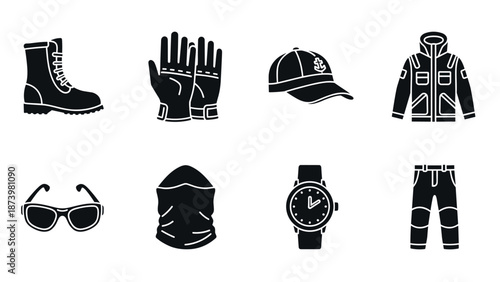 Essential outdoor black silhouette icons for adventure and sports gear