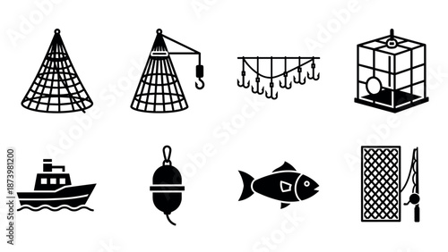 Fishing gear icons: silhouette set featuring nets, hooks, and boats
