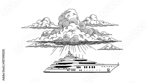 Luxury yacht under line art clouds with sun rays