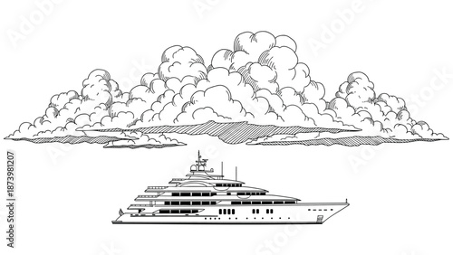Luxury yacht below dramatic clouds in linear art style
