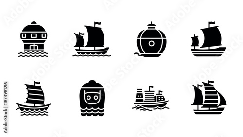 Stylized nautical icons: monochrome set of various sailing vessels