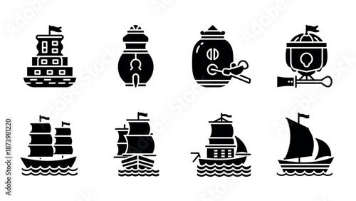 Nautical icons collection with sailboats and ancient vessels in silhouette style