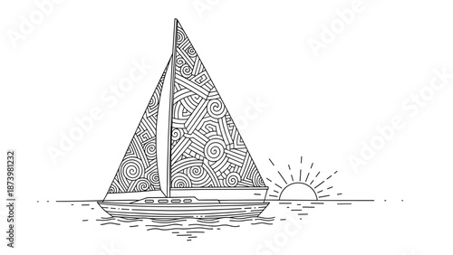 Intricate sailboat in calm waters with ornamental patterns at sunset