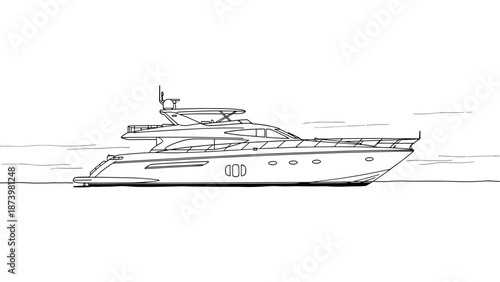 Luxury yacht line drawing on calm sea horizon