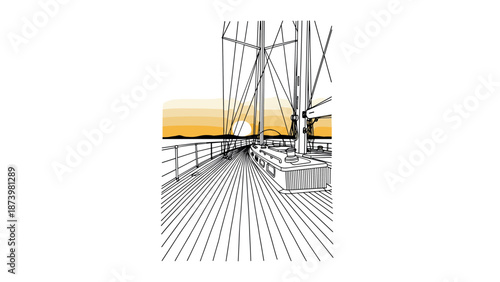 Sailing adventure at sunset: black and white linear art of a ship deck with golden horizon