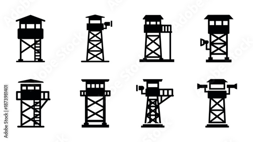 Silhouette guard towers set: security watchtowers collection in black and white