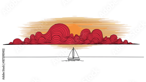 Minimalist sailboat with sunset and abstract red clouds over ocean horizon