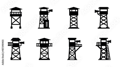 Silhouette watchtower icons set featuring various guard tower designs