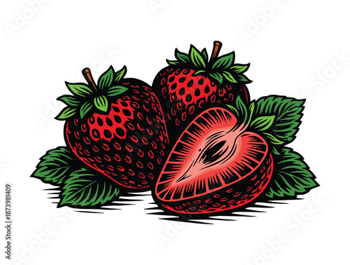 fresh strawberries with leaves and slices.