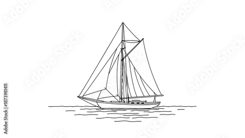 Elegant sailboat in minimalist black and white line drawing on calm waters