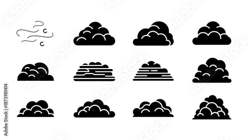 Set of diverse cloud silhouettes in minimalist style for graphic design projects