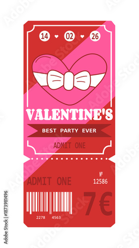 Valentine's Day ticket design with pink heart. Vector template