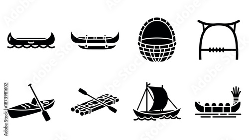 Black and white silhouette icons of traditional boats and canoes