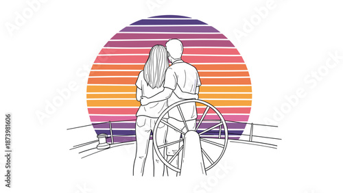 Couple embracing on ship with vibrant sunset background