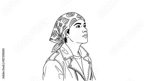 Monochrome portrait of a contemplative person in patterned headscarf and jacket