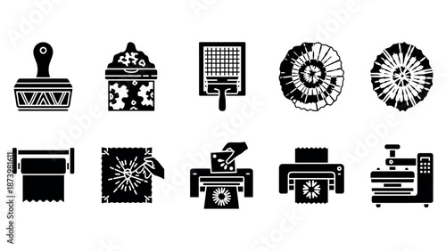 Silhouette icons of textile printmaking tools and techniques in black and white