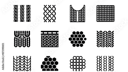 Diverse set of black and white textile patterns in seamless repeat design