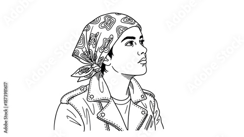 Detailed black and white portrait of person with bandana and leather jacket