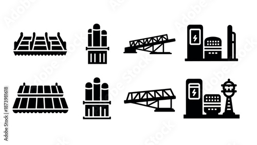 Silhouette icons of modern infrastructure: stadiums, factories, bridges, and charging stations