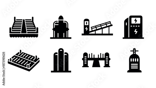 Futuristic energy vehicle infrastructure icons in black silhouette style