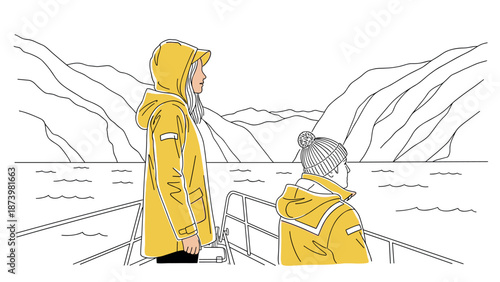 People in yellow raincoats enjoying scenic boat ride in linear style artwork