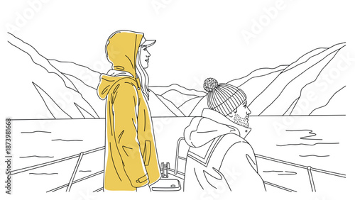 Minimalist line art of people boating amidst majestic mountains