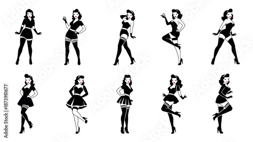 Retro pinup girls in various poses and outfits featuring classic vintage fashion