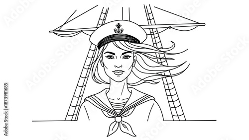 Nautical woman line art with sailboat background in black and white illustration