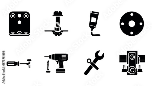 Silhouette icons of construction tools: drill, screwdriver, wrench, and more