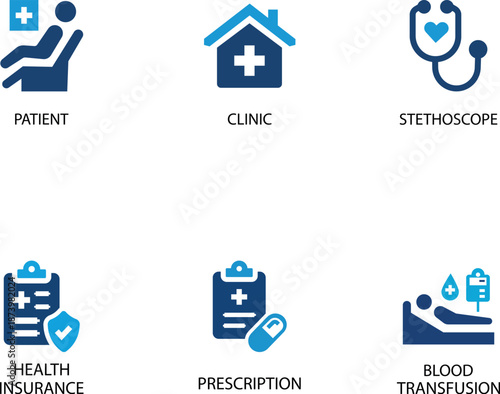 Medical Icons Set: Patient, Clinic, Stethoscope, Health Insurance, Prescription, and Blood Transfusion Symbols
