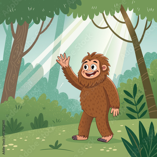 Friendly Bigfoot waving hello in a sunny forest clearing illustration