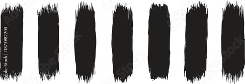 Black paint brush stroke texture set with rough vertical marks. Grunge ink swipes create bold abstract backgrounds and overlays for posters and digital art. High contrast strokes add expressive energy