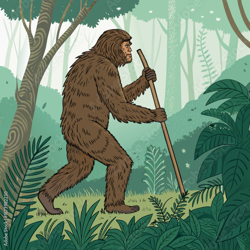 Bigfoot walking with a stick through a lush green forest