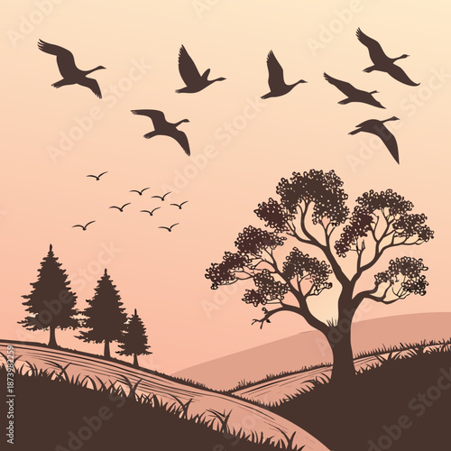 Flock of Geese Flying in V Formation Over Rolling Hills at Sunset