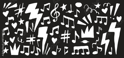 Music doodle icon set with hand drawn notes and sound symbols. Playful black sketches show melody, rhythm, and audio energy for posters and creative layouts. Fun abstract music elements perfect 