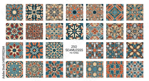Seamless patterns of colorful abstract backgrounds with islamic ornaments arranged in rows on a white surface.