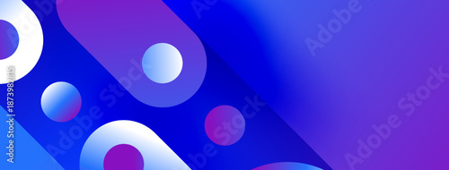 Abstract background features vibrant blue, purple gradients. Circles, shapes overlap creating modern visual effect. Smooth transitions dominate composition.