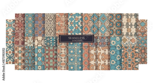 A collection of abstract backgrounds with islamic ornaments in shades of blue, orange, and white on a solid white background.