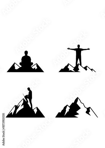 Digital Nomad Silhouette, Person Working on Laptop at Mountain Peak, Remote Work and Travel Freedom Concept Vector Art