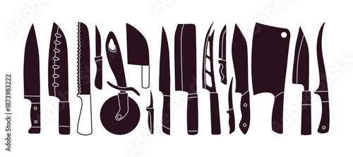 Silhouettes of different types of knives set. Shadows of cutleries with various shapes of blades: chef, cleaver. Kitchen utensils for cooking. Flat isolated vector illustrations on white background