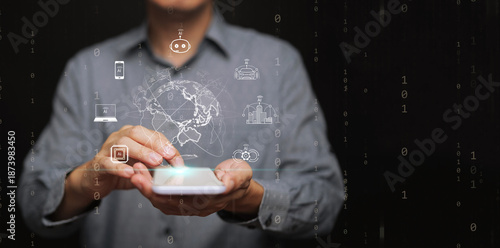Tablou pe pânză Artificial intelligence integration in mobile technology, smart applications, data flow, and global connectivity