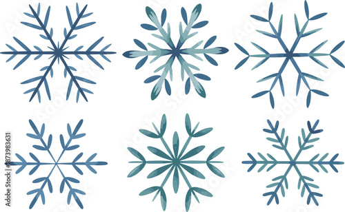 Watercolor snowflake set illustration, winter icy crystals, blue decorative snow flakes, minimal seasonal design, festive holiday art collection background vector