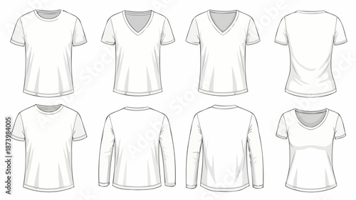 Collection of white t-shirts, including short-sleeved, long-sleeved, V-neck, and crew neck styles, shown from front and back views.