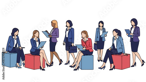 A diverse group of professional women in business attire are depicted in a stylized illustration, engaged in various activities.