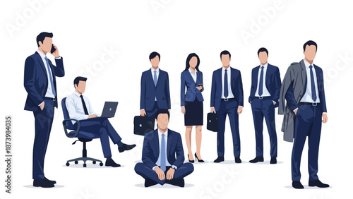 A diverse group of business professionals in suits standing and sitting in a studio setting.
