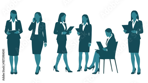 A collection of six teal silhouettes of women in business attire, each engaged in a different professional activity.